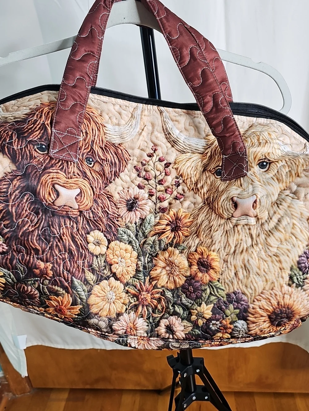 Quilted Floral Highland Cow Weekender Bag - Brown & Cream